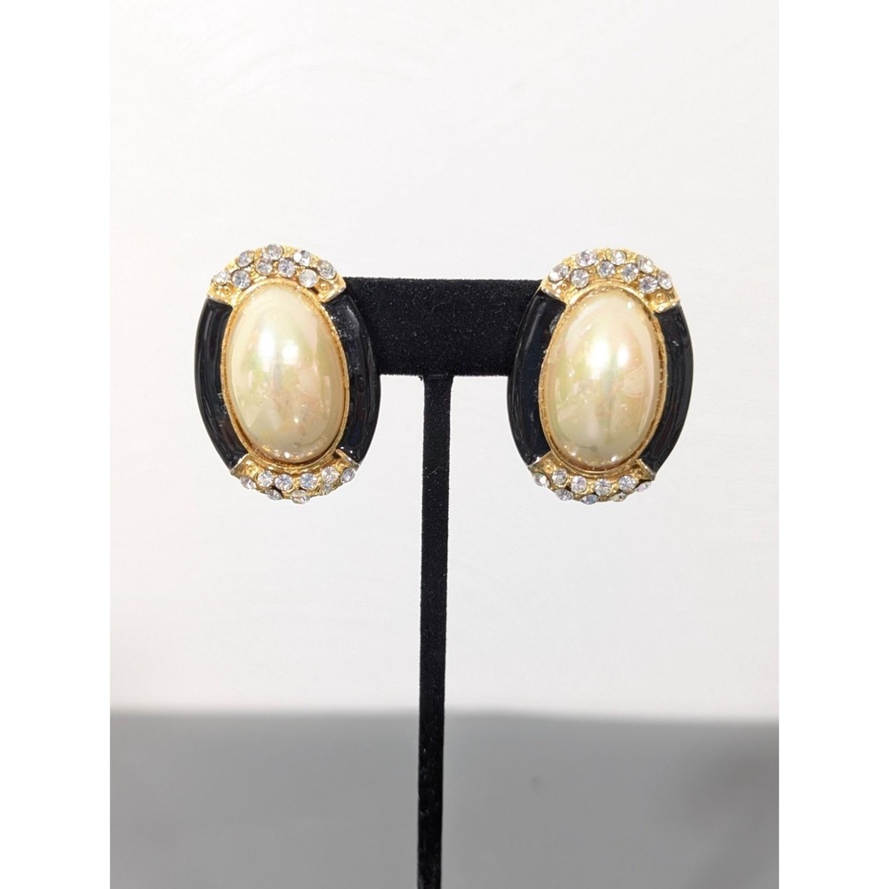 Vintage Iridescent Faux Pearl Oval Cabochon Black Enamel Rhinestone Clip Earring